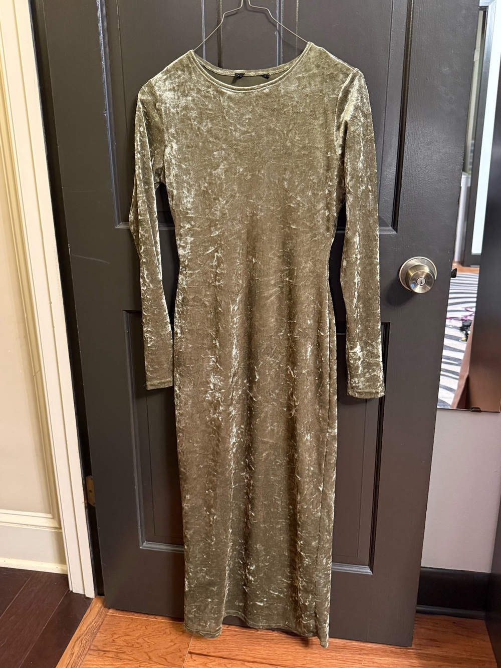 See you Monday green crushed velvet midi dress